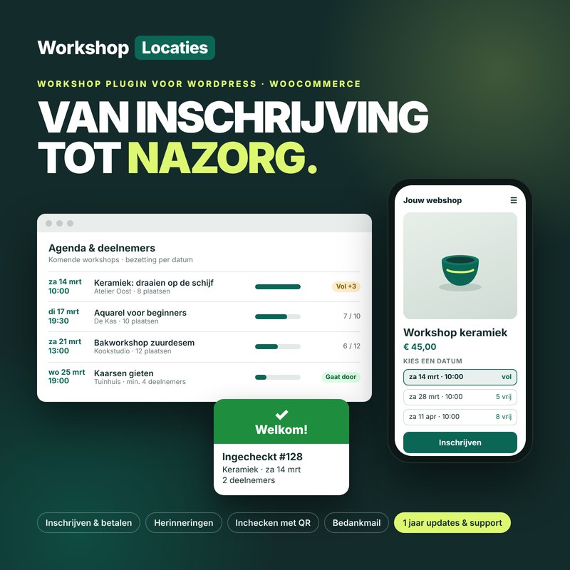 Workshop plugin voor WordPress: Workshop Locaties beheert inschrijvingen, deelnemers, locaties en DIY-pakketten in WooCommerce